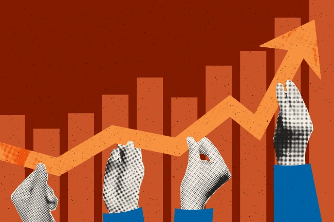 an abstract illustration of a bar chart with an arrow overlaid