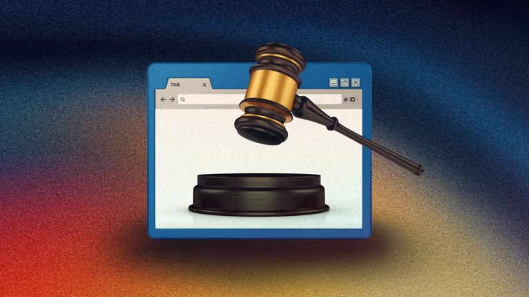 Web browser open with a gavel in front of it