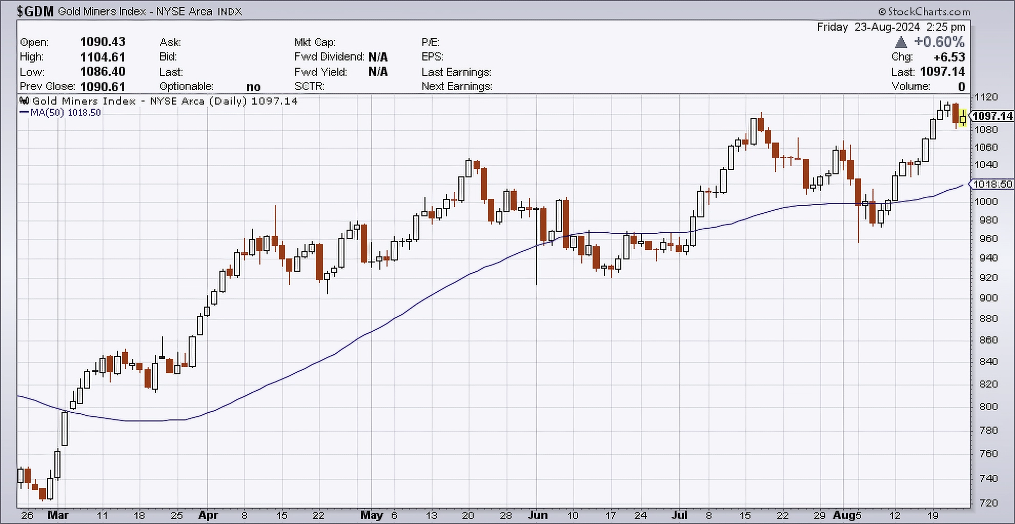 Daily chart of the NYSE Arca Gold Miners Index as of August 23