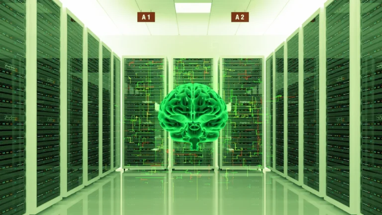 A glowing green brain surrounded by walls of mainframe hardware