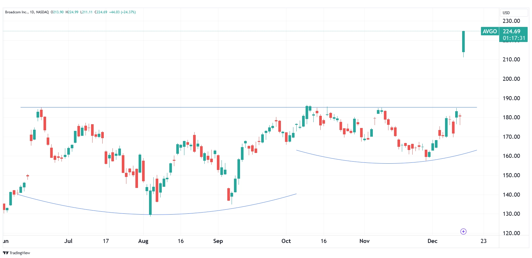 Daily chart of AVGO as of December 13, 2024