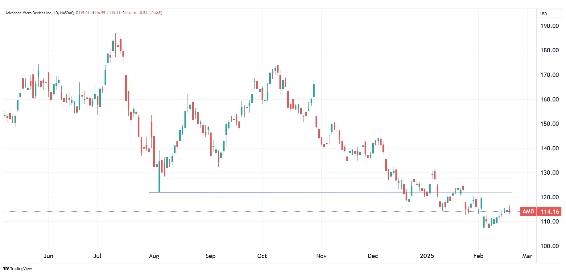 Daily chart of AMD as of February 20, 2025