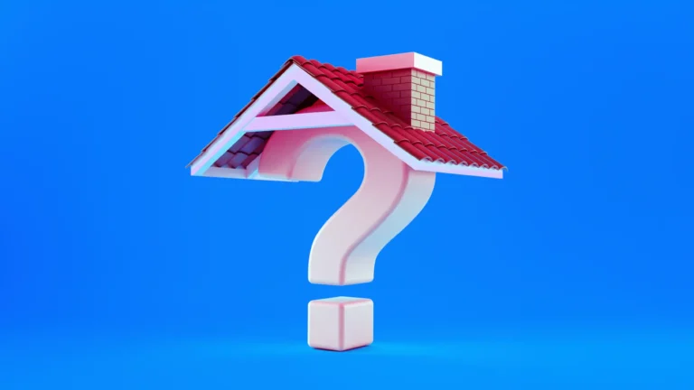 A 3D white question mark with the roof of a house over it