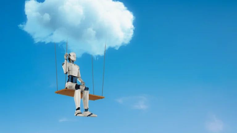 AI robot sitting on a swing attached to a cloud in the sky