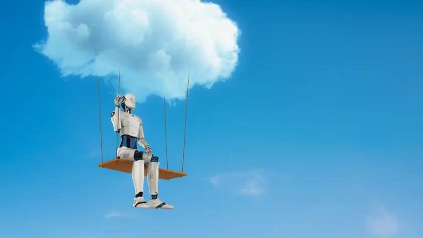 AI robot sitting on a swing attached to a cloud in the sky