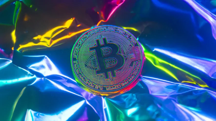 Rainbow colored Bitcoin coin on top of a metallic rainbow background