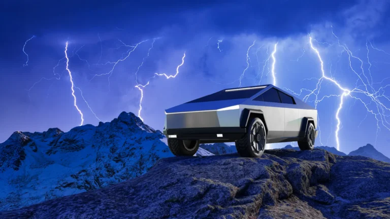 Cybertruck atop a blue, snowy mountain with lightning striking in the background