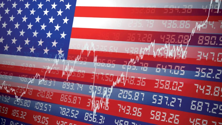 American flag, with financial charts overlayed