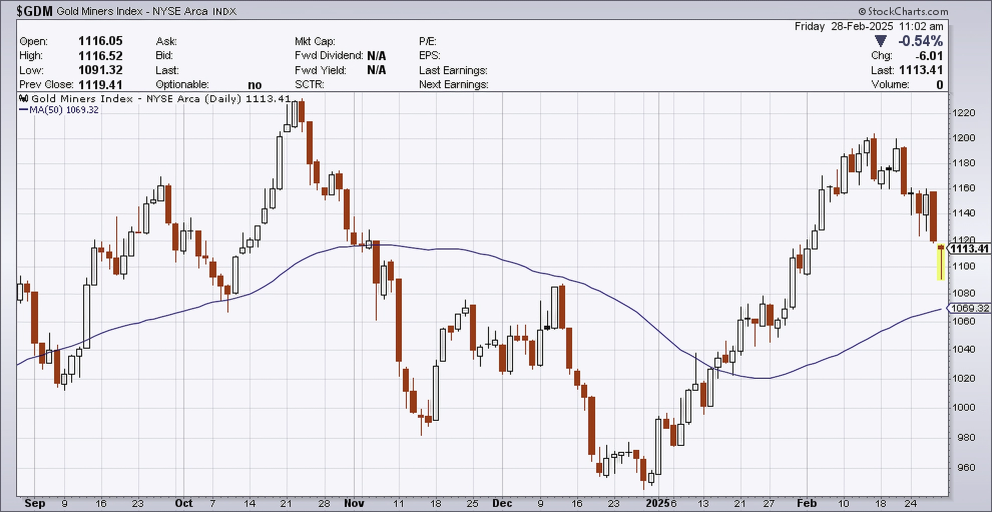 Daily chart of the NYSE Arca Gold Miners Index as of February 28, 2025