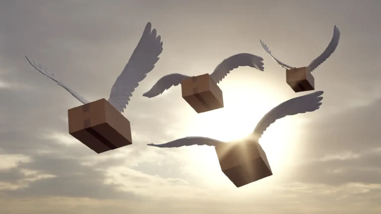 Amazon delivery boxes flying through the air with wings