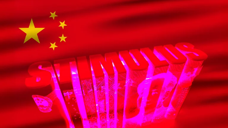 CHinese flag with the word "Stimulus" overlayed in red and pink text