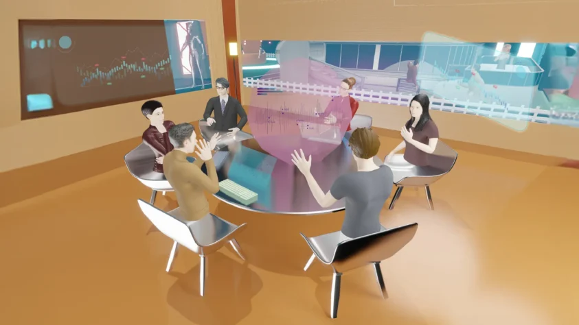 a group of people sitting around the table in the Metaverse