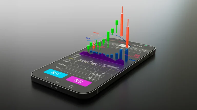 3D financial chart coming out vertically from a smartphone