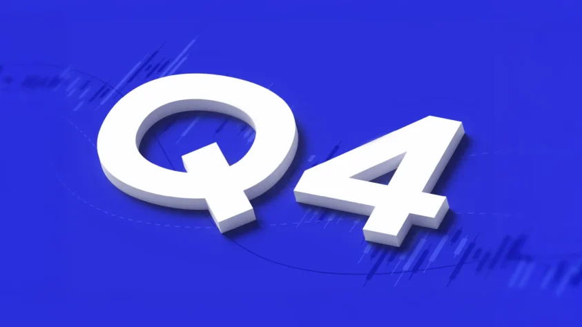 Q4 in big white letters on a blue background on financial charts