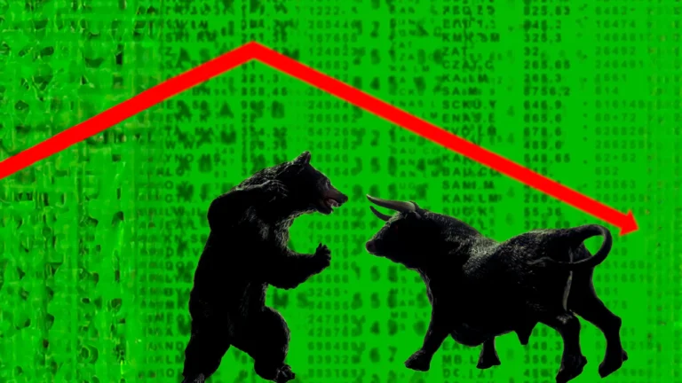 Silhouettes of a bull and a bear on a green background with a chart line that goes up and down