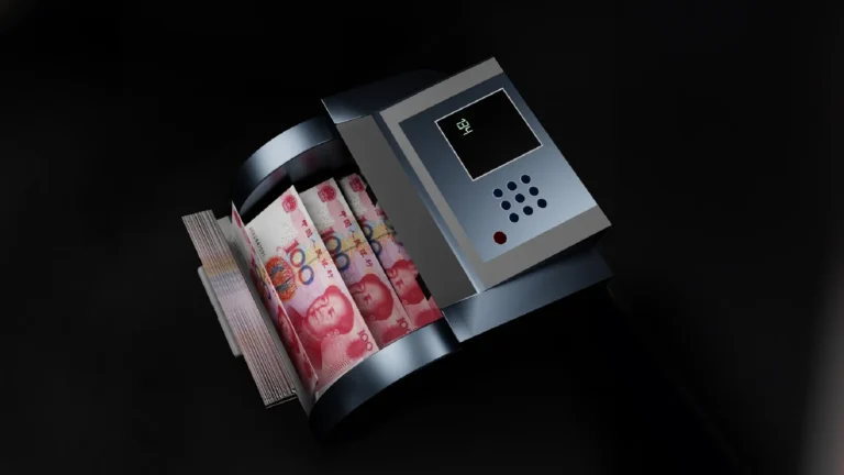 Bills of 100 Chinese Yuan going through a money counter