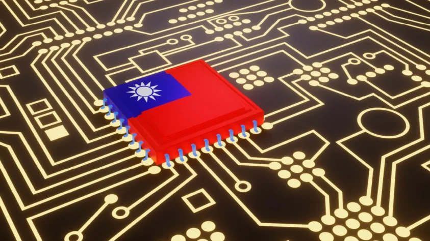 Circuitboard with the Taiwan flag on the main computer chip