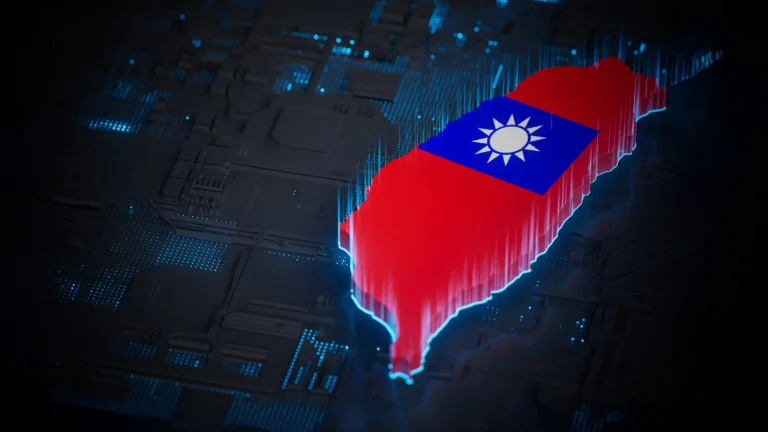 A 3D map of Taiwan with the flag of Taiwan inside, on an AI chip background