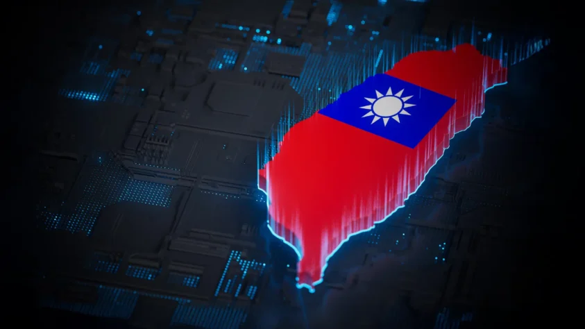 A 3D map of Taiwan with the flag of Taiwan inside, on an AI chip background