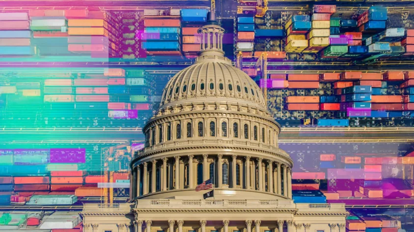 The US Capitol building with a colorful grid of shipping containers behind it