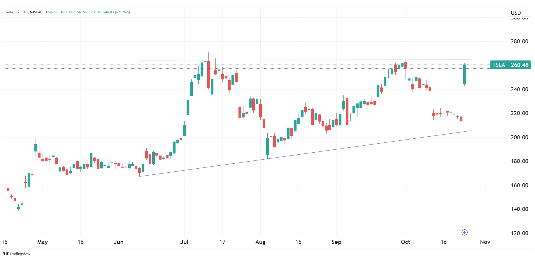 Daily chart of TSLA as of October 24, 2024