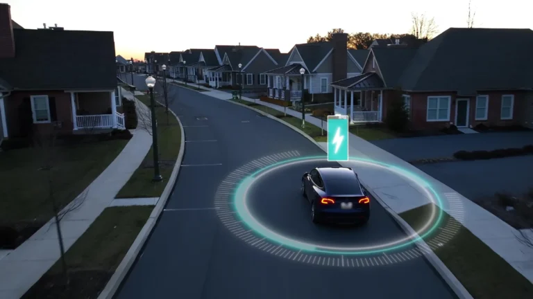 Suburban neighborhood with a Tesla car parked along the street, with a green charging symbol above the car