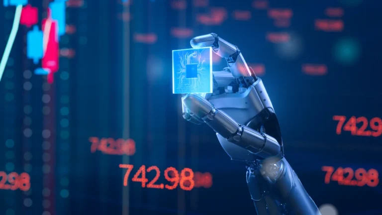 Robotic hand holding an AI chip, with financial charts and numbers in the background