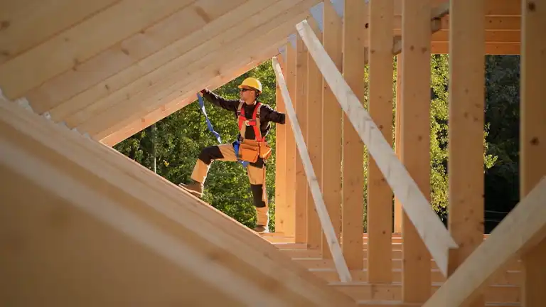 construction worker through wooden beams