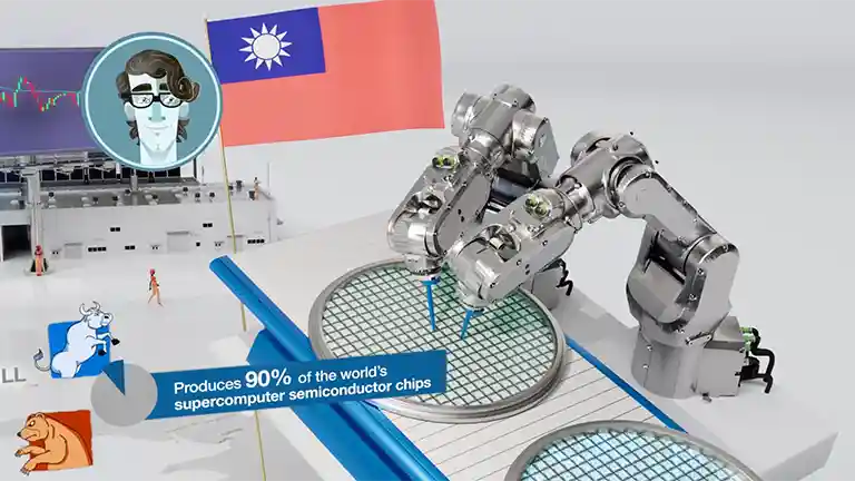 and illustrated still from a video showing TSM chips being manufactured.